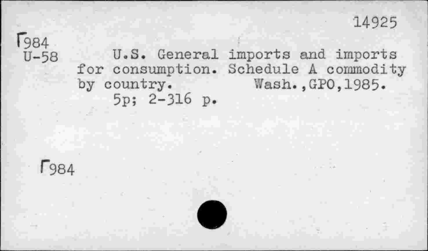 ﻿14925
P984
U-58 U.S. General imports and imports for consumption. Schedule A commodity by country.	Wash.,GPO,1985.
5p; 2-316 p.
r984